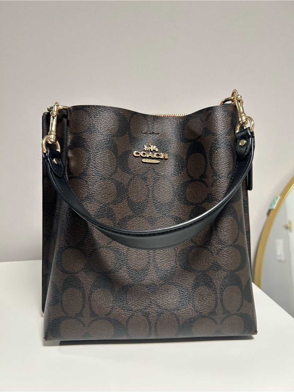 Coach Signature Canvas Bucket Bag in Brown with Black Trim